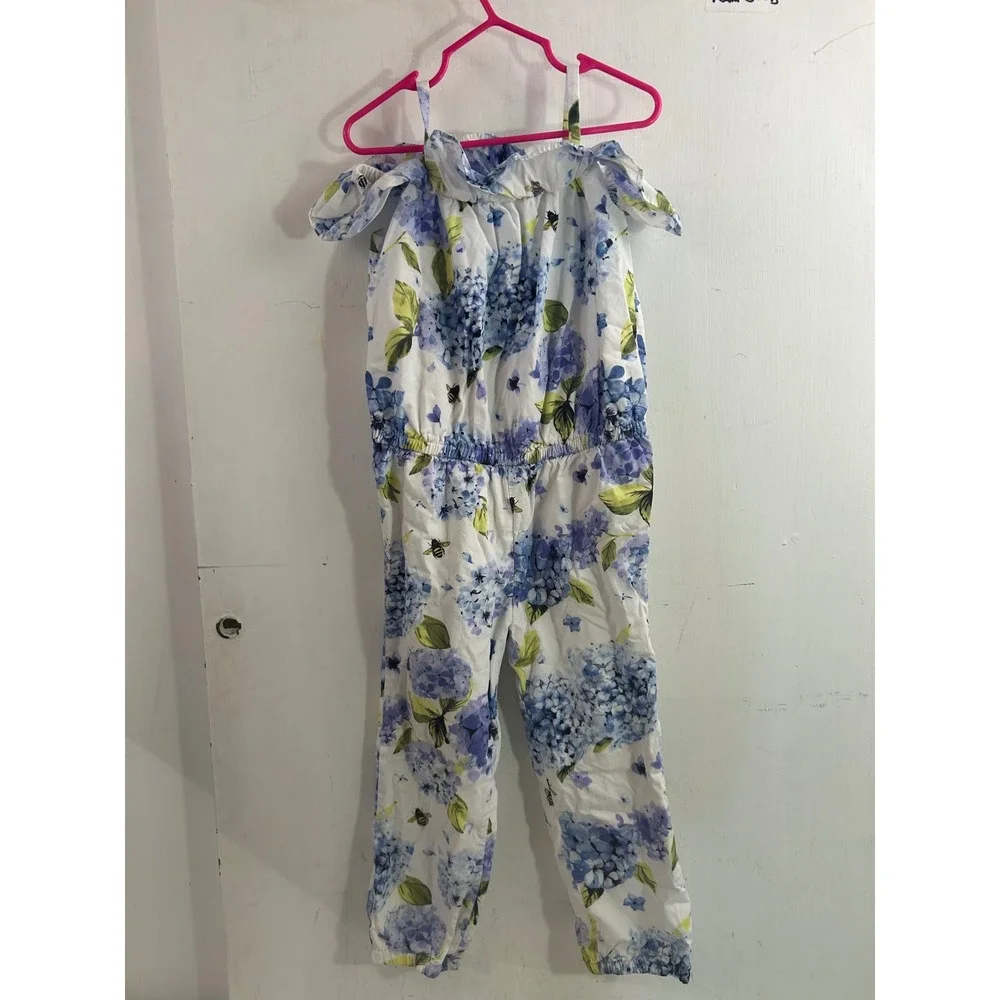 Gymboree Jumpsuit 4T White Blue Floral Hydrangea Bee Cold Shoulder Kids